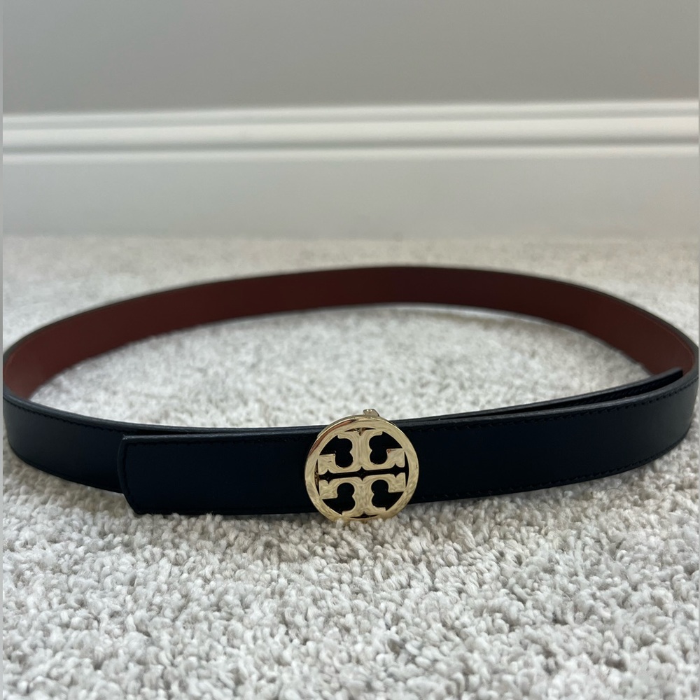 Tory Burch Miller Reversible Logo Belt Black  Brown with Gold Buckle Size Small
